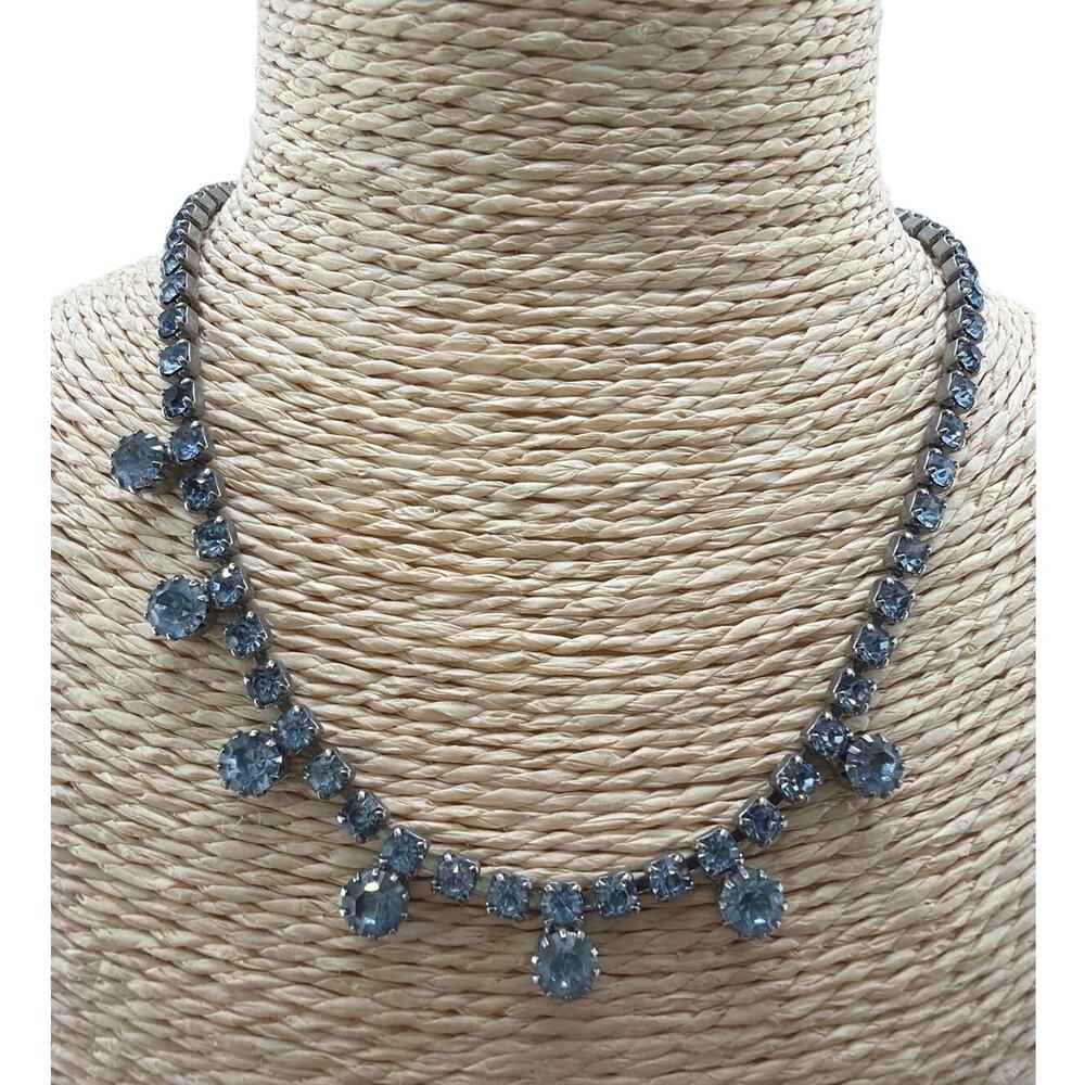 Vintage Blue Rhinestone Silver Tone Choker Necklace